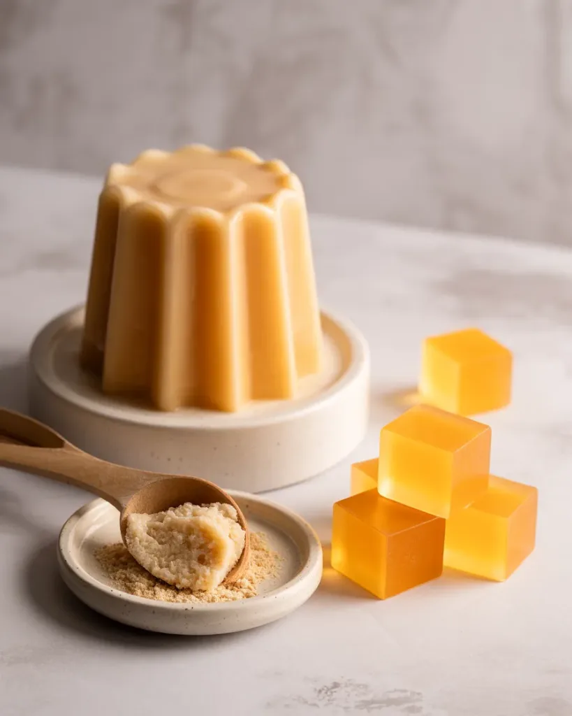 Agar-agar powder and vegan gelatin jelly cubes as plant-based alternative