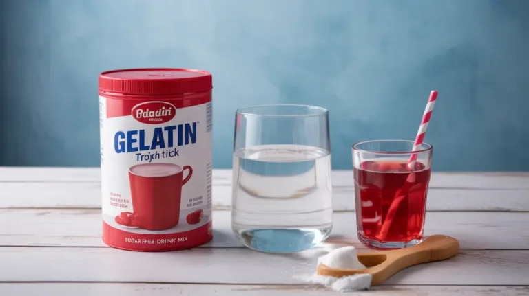 Three ingredients of the gelatin trick for weight loss: gelatin powder, water, and sugar-free drink mix.