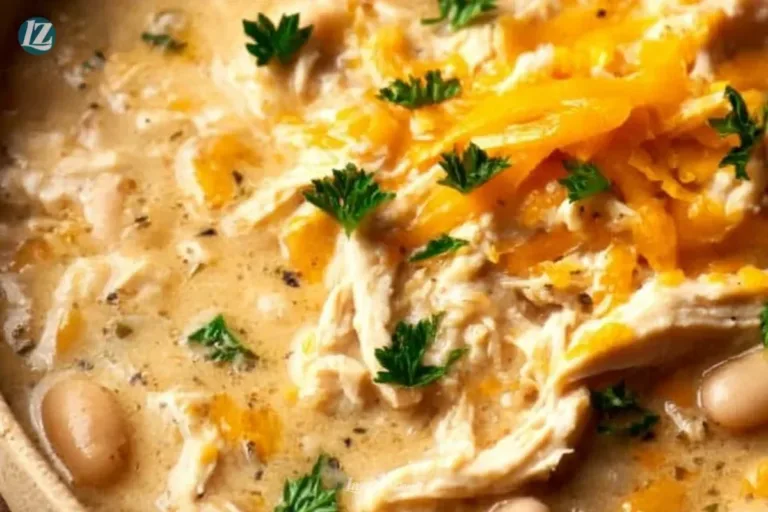 Bowl of creamy white chicken chili topped with cilantro and lime