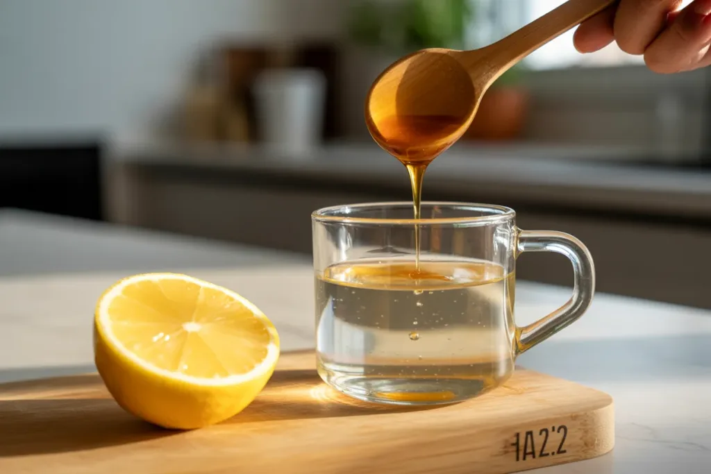 Canaan honey trick recipe with honey being stirred into warm water with fresh lemon slice