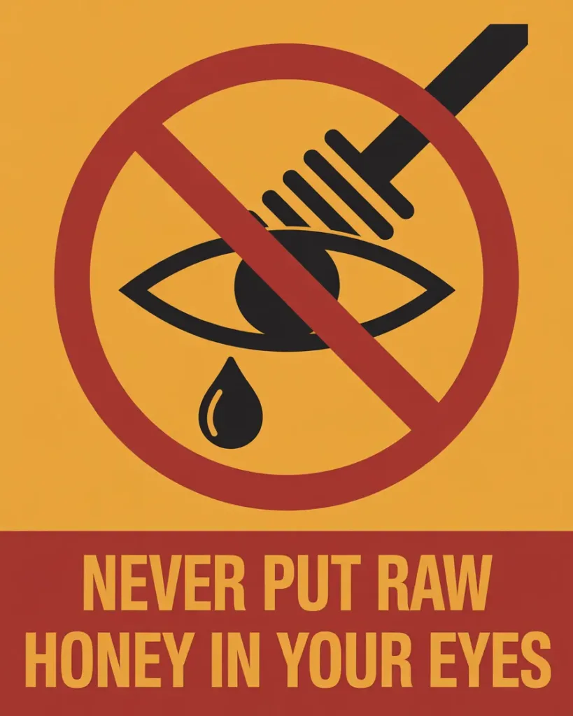 Safety warning never put raw honey in eyes danger infographic
