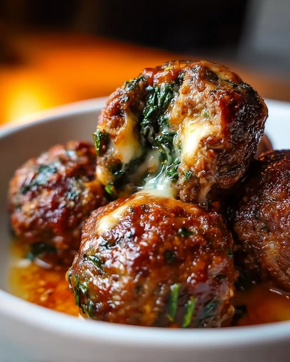 Spinach Garlic Meatballs Stuffed with Mozzarella