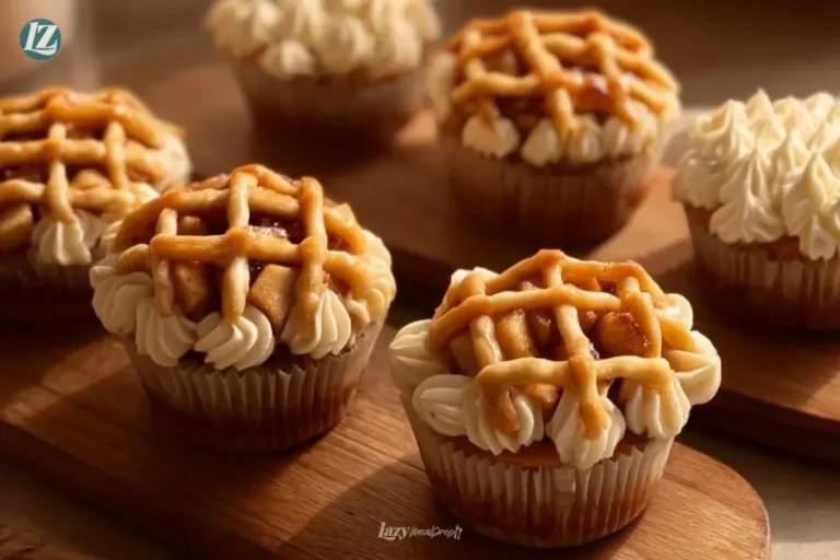 Apple pie cupcakes topped with cinnamon frosting and apple slices.