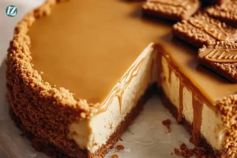 Delicious Biscoff cheesecake topped with cookie crumbles and caramel drizzle