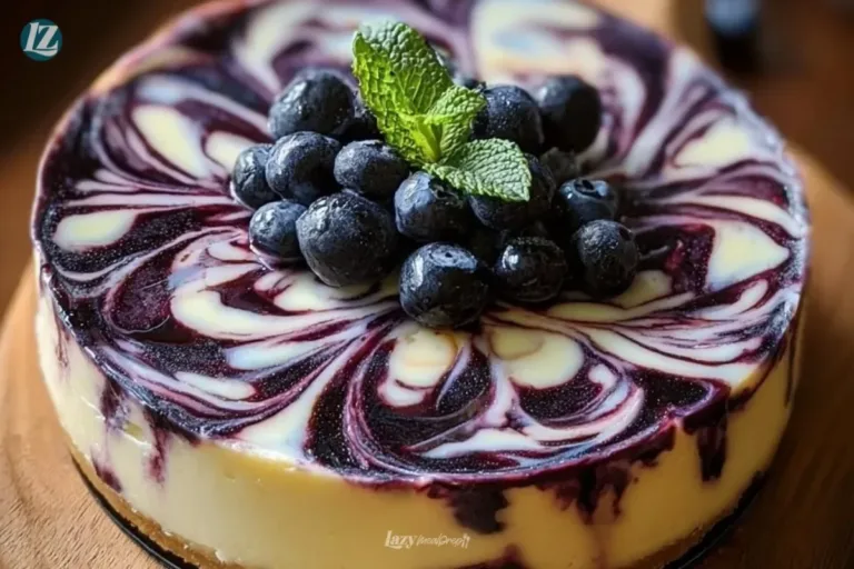 Delicious blueberry swirl cheesecake topped with fresh blueberries.