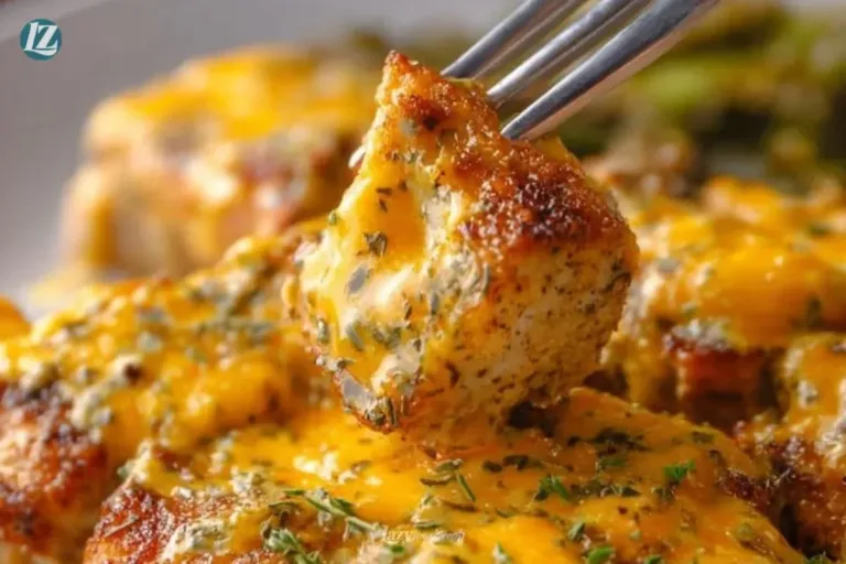 Cheddar ranch pork chops served on a plate, garnished and ready to eat.
