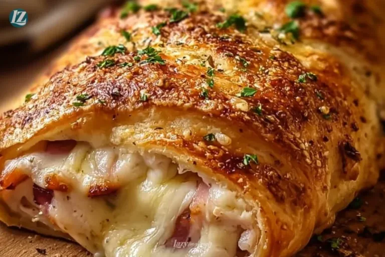 Chicken Cordon Bleu Stromboli with melted cheese and crispy layers