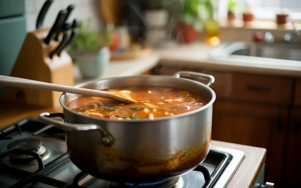 Pot of chicken tortilla soup simmering on stove with wooden spoon
