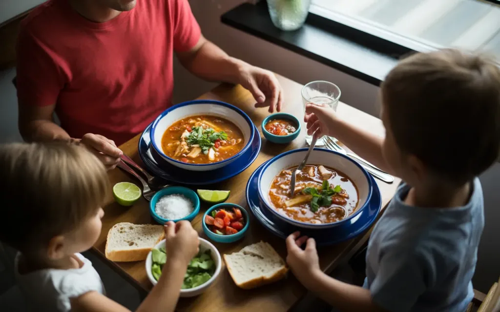 Two bowls of chicken tortilla soup with toppings on dinner table