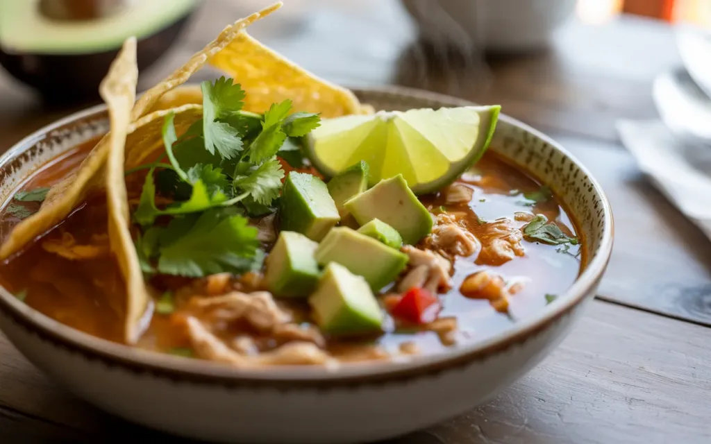 Bowl of chicken tortilla soup topped with crispy tortilla strips, avocado, cilantro and lime