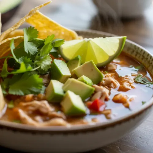 Bowl of chicken tortilla soup topped with crispy tortilla strips, avocado, cilantro and lime