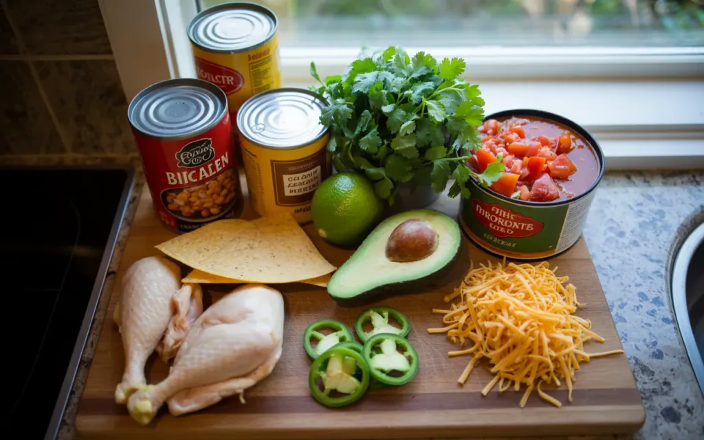 Ingredients for chicken tortilla soup including rotisserie chicken, black beans, corn, tomatoes, and spices