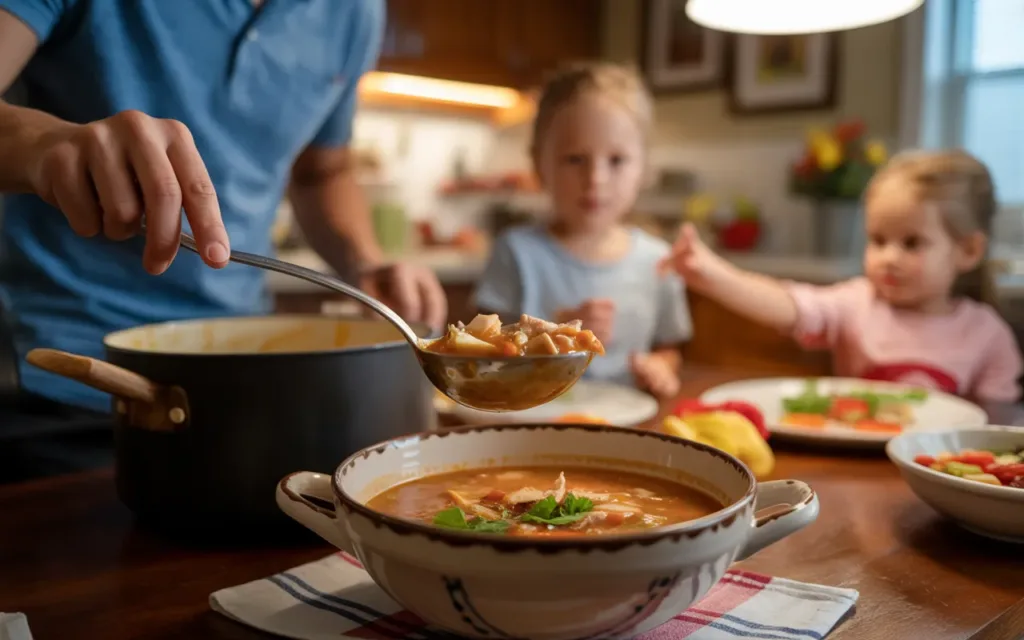 Ladling homemade chicken tortilla soup into bowl at family dinner