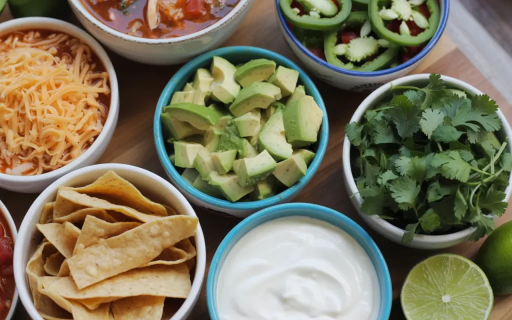 Chicken tortilla soup toppings including cheese, avocado, sour cream, cilantro, tortilla strips