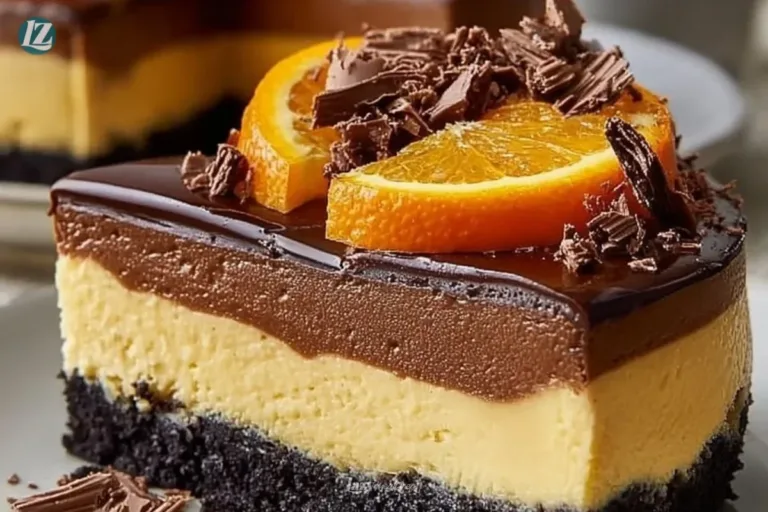 Delicious slice of Chocolate Orange Cheesecake topped with orange zest