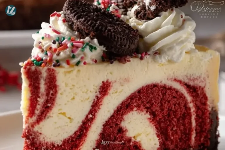 Christmas Red Velvet Cheesecake topped with creamy frosting and festive decorations