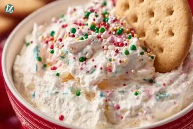 Festive Christmas Tree Cake Dip in a decorative bowl with sprinkles and berries