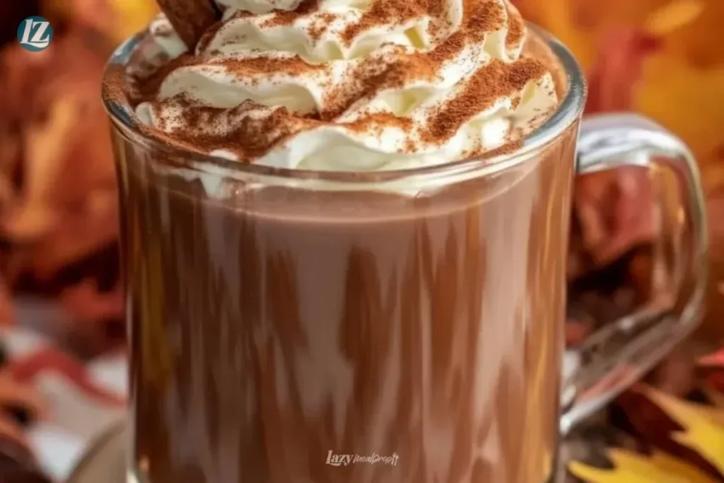 Mug of cinnamon hot chocolate topped with whipped cream and a cinnamon stick