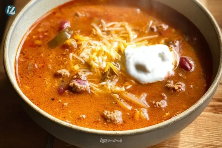 Creamy beef taco soup garnished with cheese and cilantro in a bowl