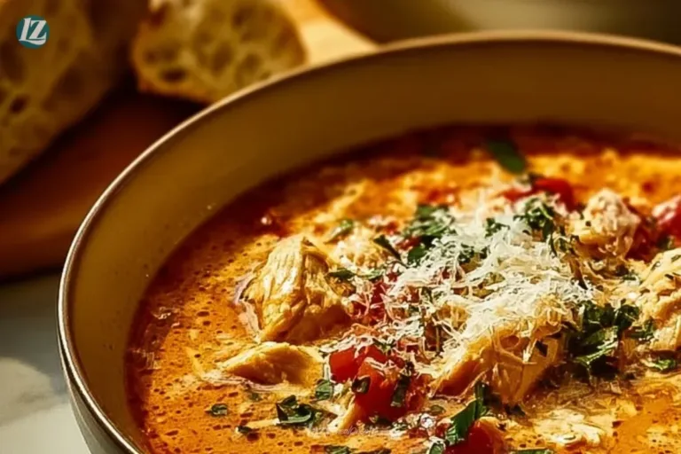 Bowl of creamy cheesy soup garnished with herbs