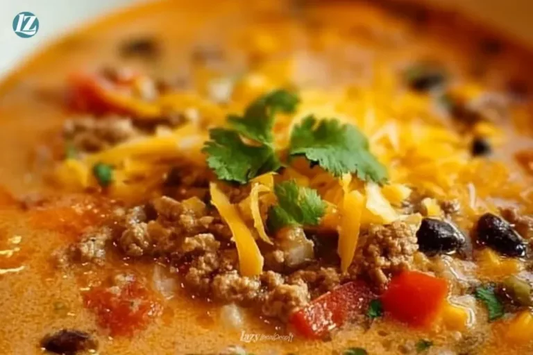 Bowl of creamy Cowboy Soup garnished with herbs and bread.