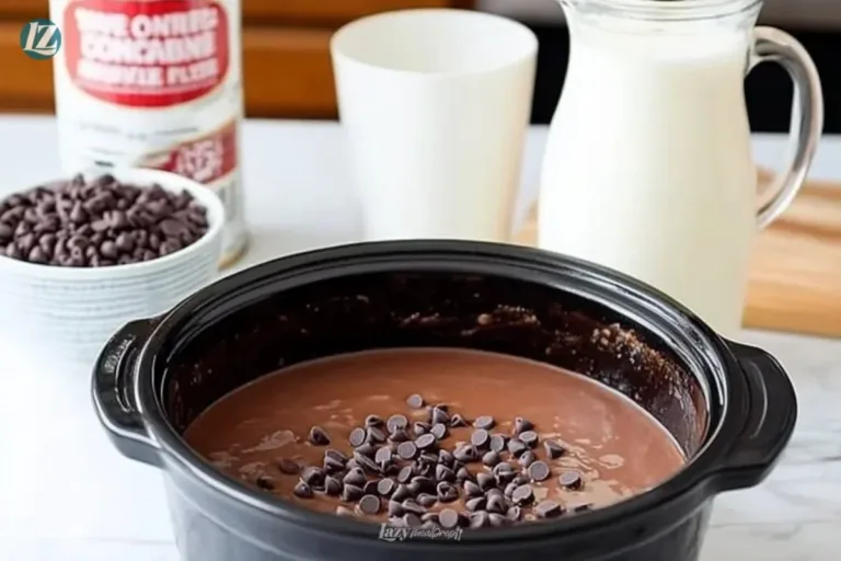 Creamy crockpot hot chocolate topped with whipped cream and chocolate shavings