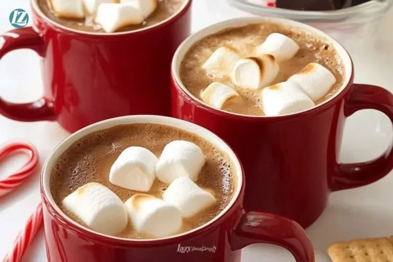 Creamy hot cocoa topped with torched marshmallow in a cozy setting