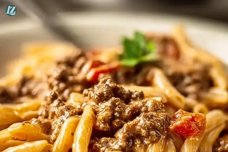 Creamy Rotel Pasta with Ground Beef recipe ready to serve