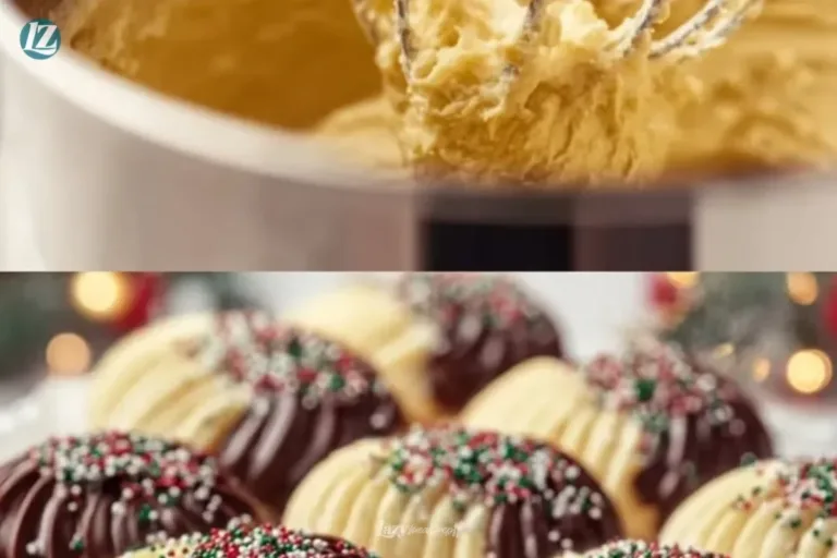 Homemade Danish butter cookies on a plate garnished with chocolate drizzle.