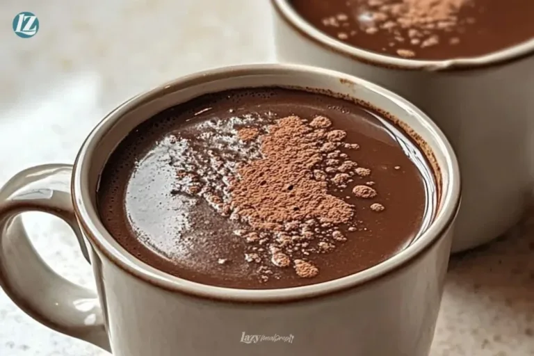 Delicious dark chocolate hot chocolate topped with whipped cream and cocoa powder