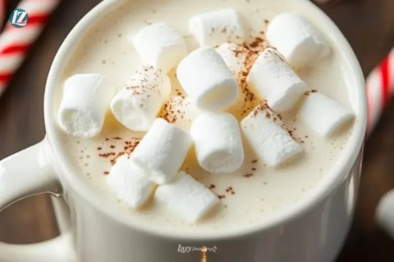 Mug of creamy white hot chocolate topped with whipped cream and festive sprinkles