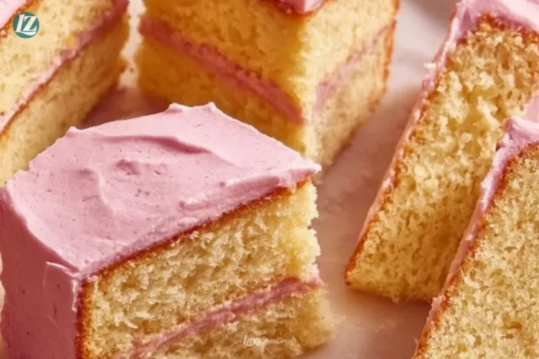 Slice of easy almond cake topped with almonds and frosting