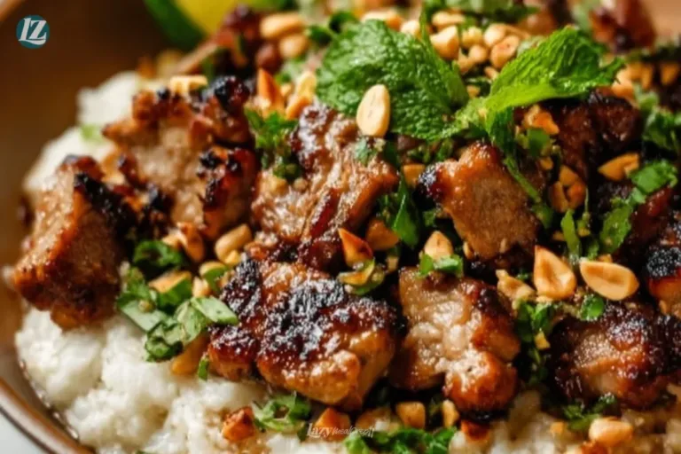 Delicious ginger lime pork served with creamy coconut rice dish