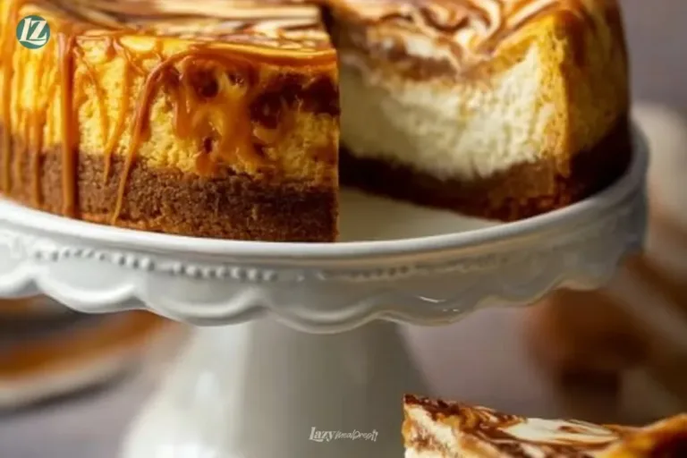 Slice of easy pumpkin swirl cheesecake topped with whipped cream and spices