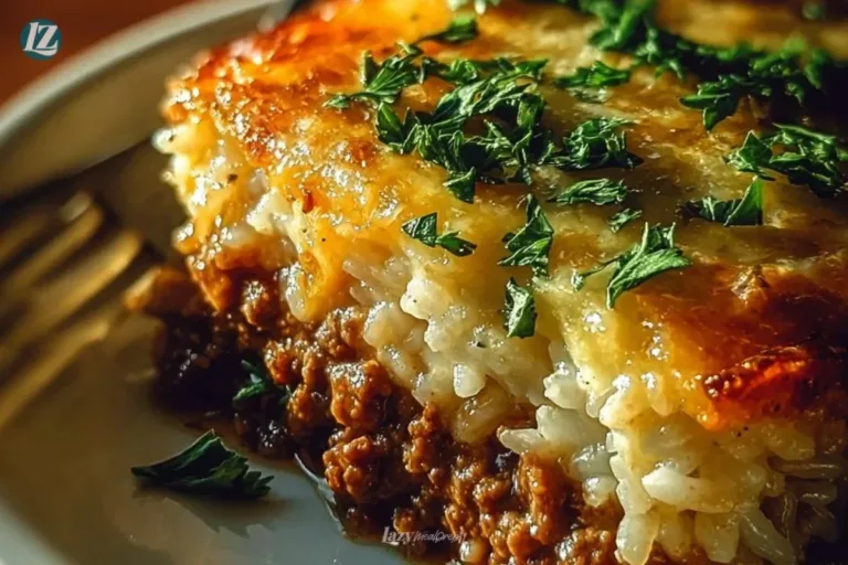 Delicious French onion beef casserole topped with melted cheese