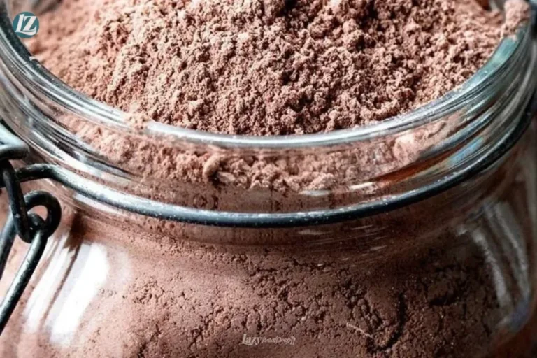 Homemade hot cocoa mix ingredients in a jar with a cup of cocoa on a wooden table.