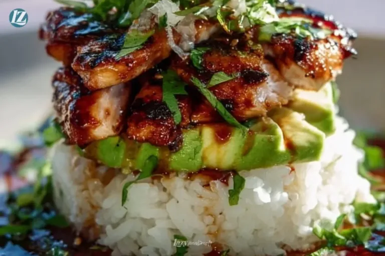 Honey Lime Chicken with Avocado Rice Stack served on a plate