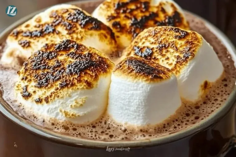 Delicious hot cocoa topped with torched marshmallows in a cozy setting.