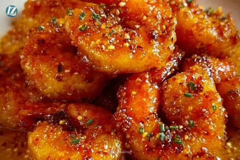 Crispy hot honey fried shrimp served on a plate with garnishes.