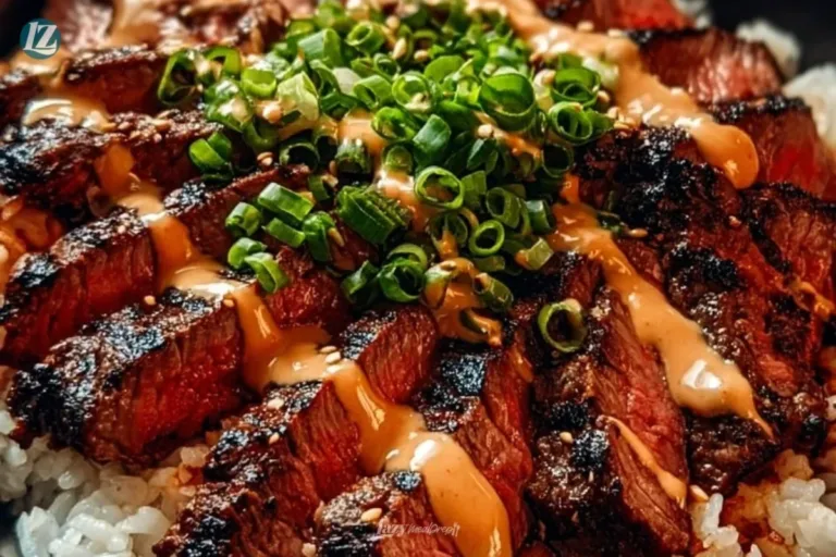 Korean BBQ steak rice bowl with marinated beef and fresh vegetables