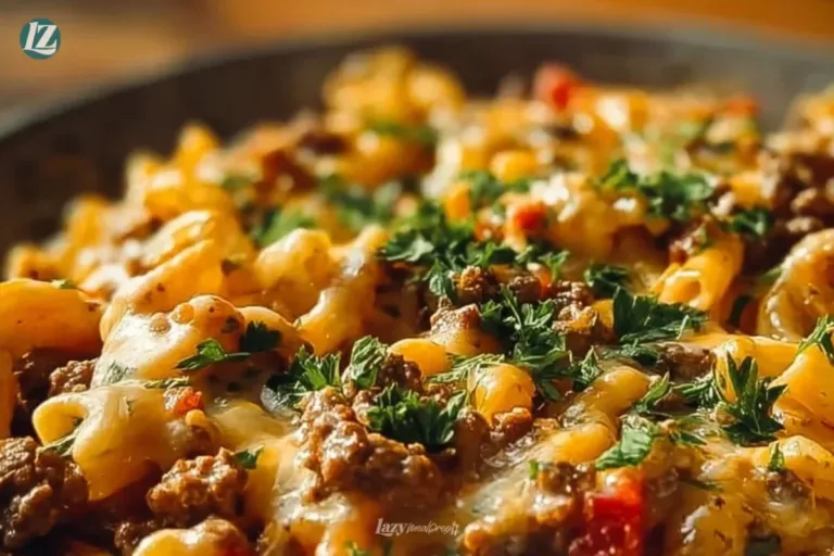 Delicious Loaded Cheeseburger Alfredo Pasta topped with fresh ingredients.