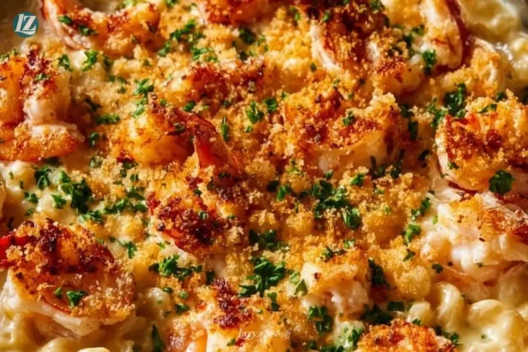 Delicious Lobster, Crab, and Shrimp Macaroni and Cheese topped with breadcrumbs
