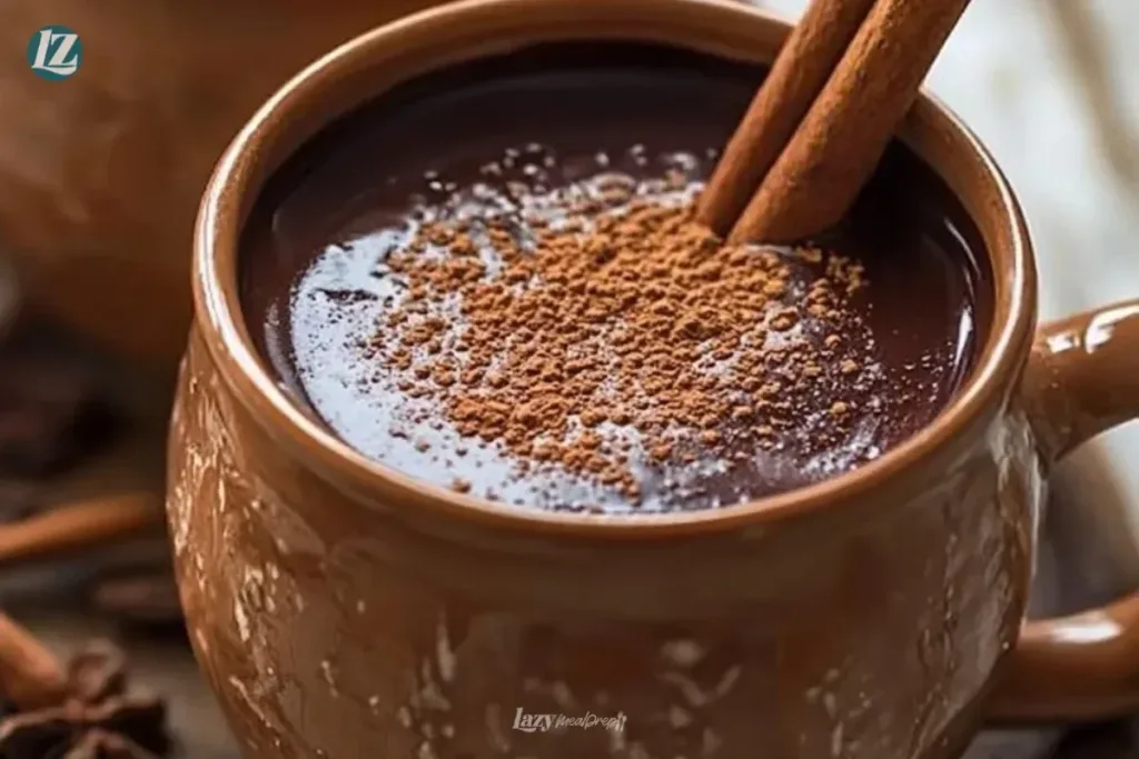 A warm bowl of Mexican hot chocolate with spices and chocolate shavings, perfect for comfort.