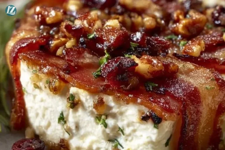 Million Dollar Bacon Goat Cheese Appetizer Log topped with crispy bacon.