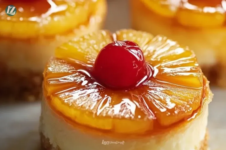 Mini pineapple upside-down cheesecakes garnished with cherries and pineapple slices