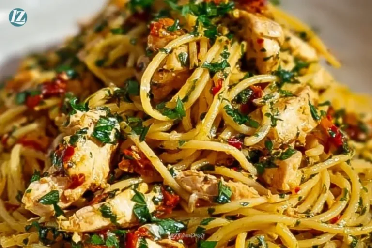 Delicious Monterey Chicken Spaghetti topped with fresh herbs and cheese.