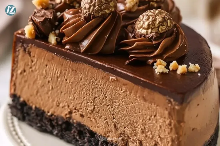 Delicious Nutella Cheesecake topped with chocolate and hazelnuts