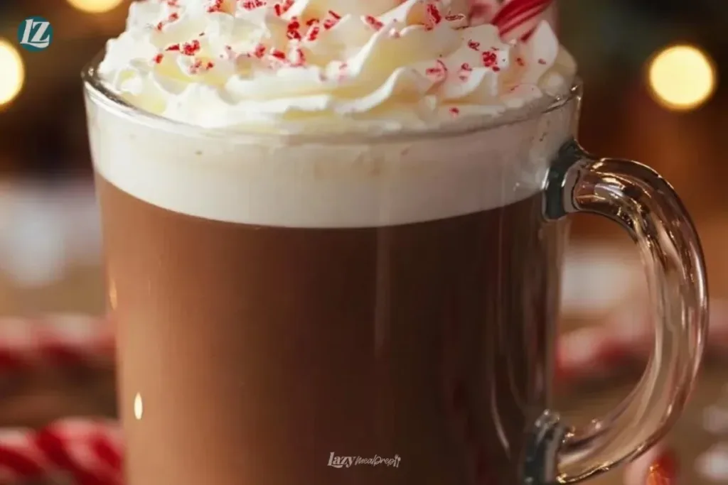 Delicious peppermint hot cocoa topped with whipped cream and peppermint flakes