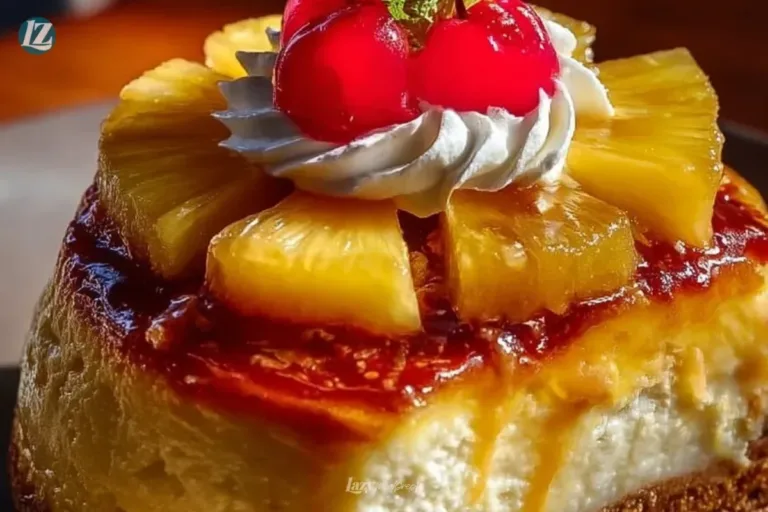 Delicious pineapple upside-down cheesecake topped with cherries and caramel.