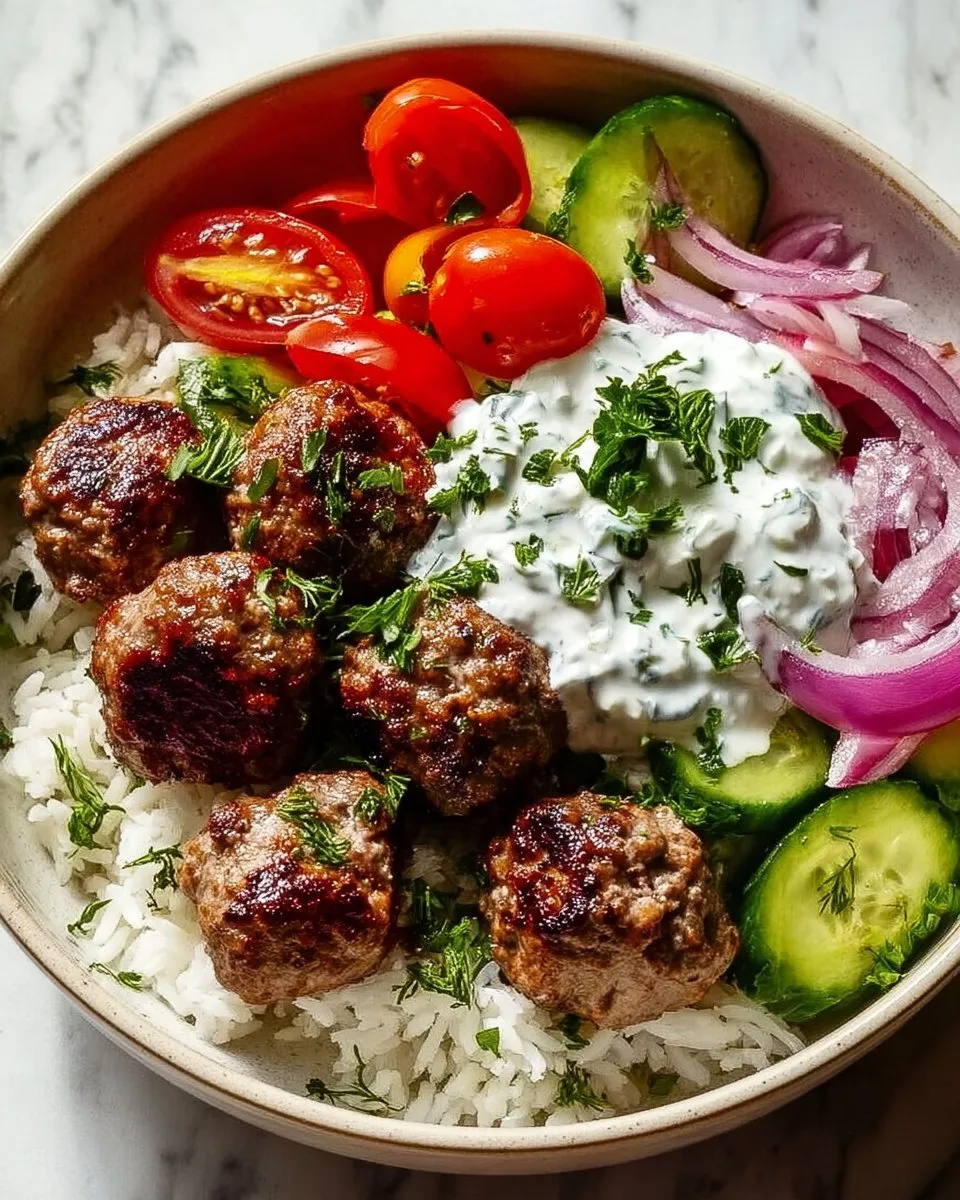 Greek Meatball Bowl with Tzatziki, Rice & Fresh Veggies